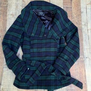 CoffeeShop Green and Black Plaid Women's Pea Coat